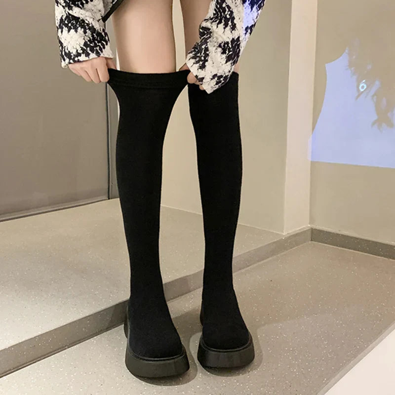 Aichashi Autumn Winter Women Platform Over The Knee Boots Ladies Stretch Knitted Socks Long Boots Slip-On Thick Bottom Shoes Woman