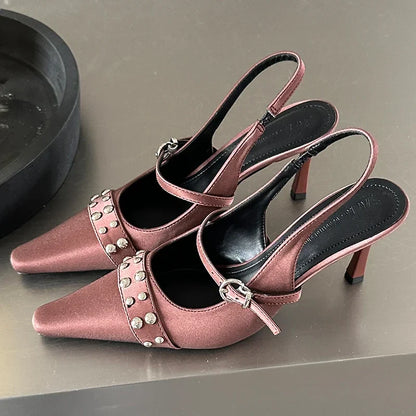 aichashi  -  Rivet High Heeled Sandals Women Fashion Satin Elegant Party Slingback Sandals Women Summer Pointed Toe Pumps Office Muller Heels