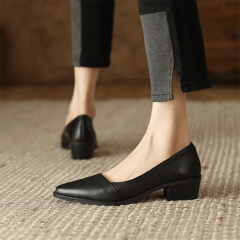 Aichashi New Spring/Summer Women Shoes Pointed Toe Chunky Heel Shoes for Women Handmade Genuine Leather Women Pumps Zapatos De Mujer