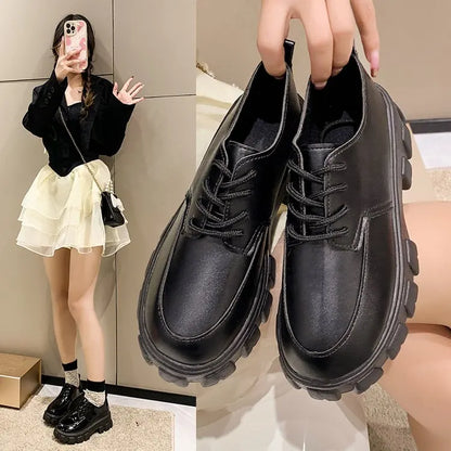 Aichashi 2024 New Spring Casual Women Loafers Leather British Style Thick-soled Women Shoes Lace-up Platform Student Girls Shoes