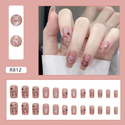 24pcs false nails matte Green Nails Patch with glue Removable Long Paragraph Fashion Manicure press on Nail tips