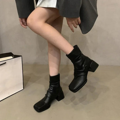 Aichashi Autumn Winter Women Ankle Boots Fashion Square Toe Back Zippers Shoes Vintage Square Heels Ladies Short Booties