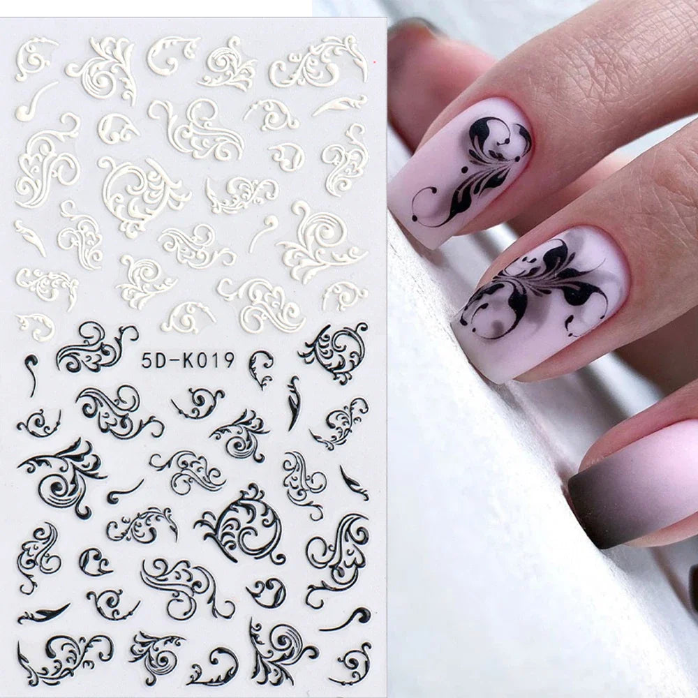 Aichashi 5D Embossed Nail Stickers Flowers Bird Geometric Lines Gold Frame Floral Nail Decals Cherry Blossom Y2K Manicure Decor