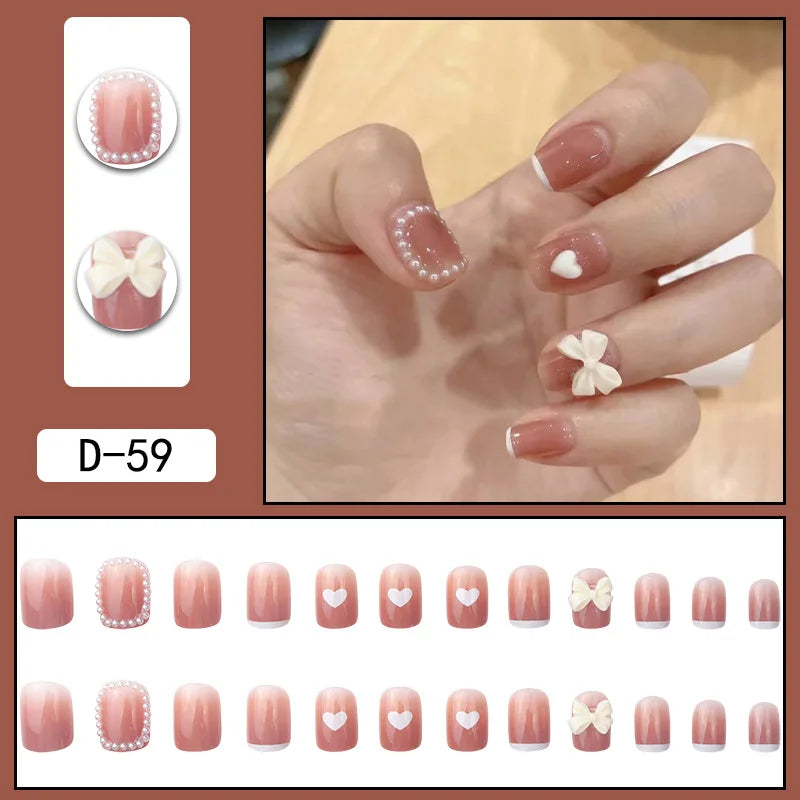 Aichashi 24pcs French Point Diamond Fake Nails Wearing Artificial Square Head Press On Acrylic Nail Art Pearl Patch Almond False Nails