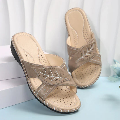 Aichashi Ethnic Style Wedges Sandals Women 2024 Summer Pu Leather Low Heels Slippers Woman Lightweight Non Slip Outdoor Slides Female