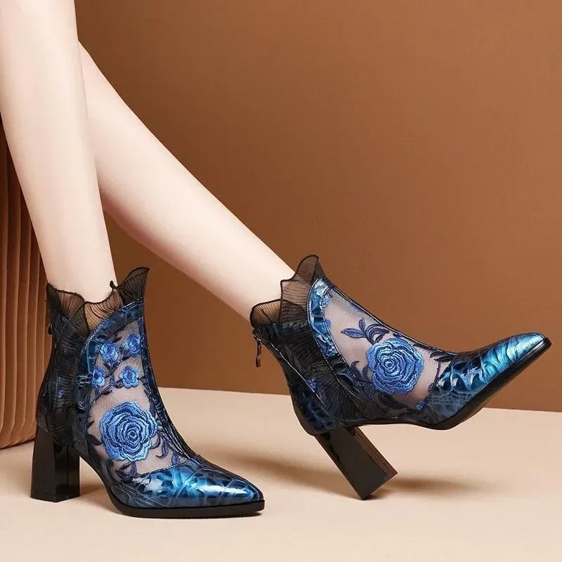 Aichashi Ethnic Style Retro Lace High Heels Ankle Boots Women Autumn Embroider Pointed Toe Platform Short Boot Thick Heeled Pumps Zapatos