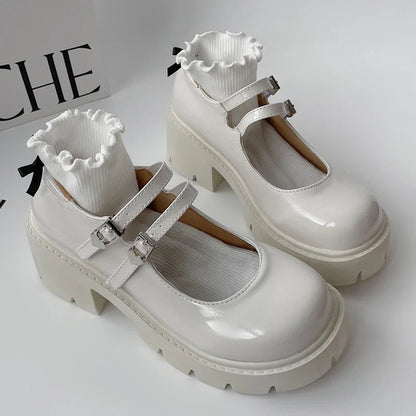 aichashi  -  Chunky Platform Mary Jane Shoes Women Heart Buckle Strap Thick Heels Pumps Woman Black Patent Leather Lolita Shoes Laides