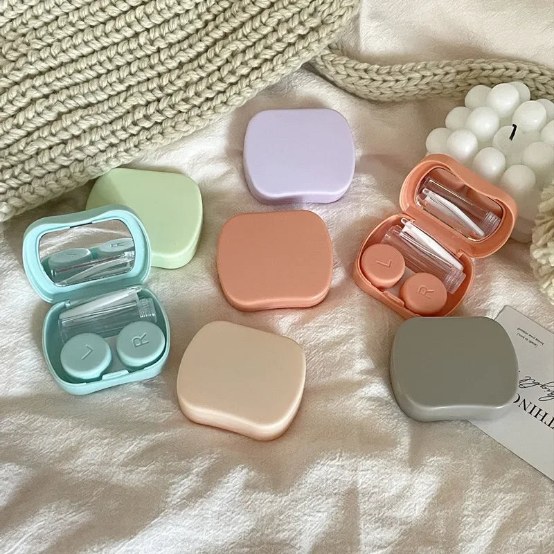 Aichashi Mini Solid Color Contact Lens Case Contact Lens Container Girls Travel Holder Storage Eye Container with Mirror