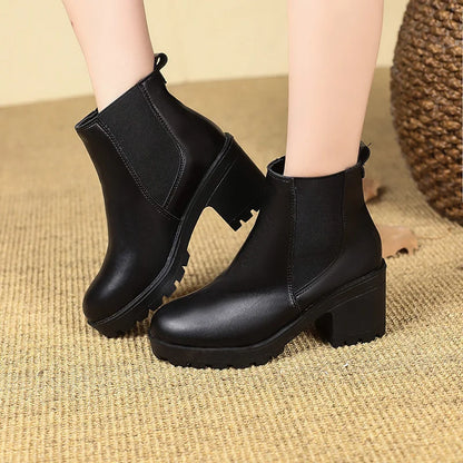 Aichashi Fashionable Comfortable Round Toe High Heels Casual Thick Heel Short Solid Color 2024 New Autumn Winter Women's Boots