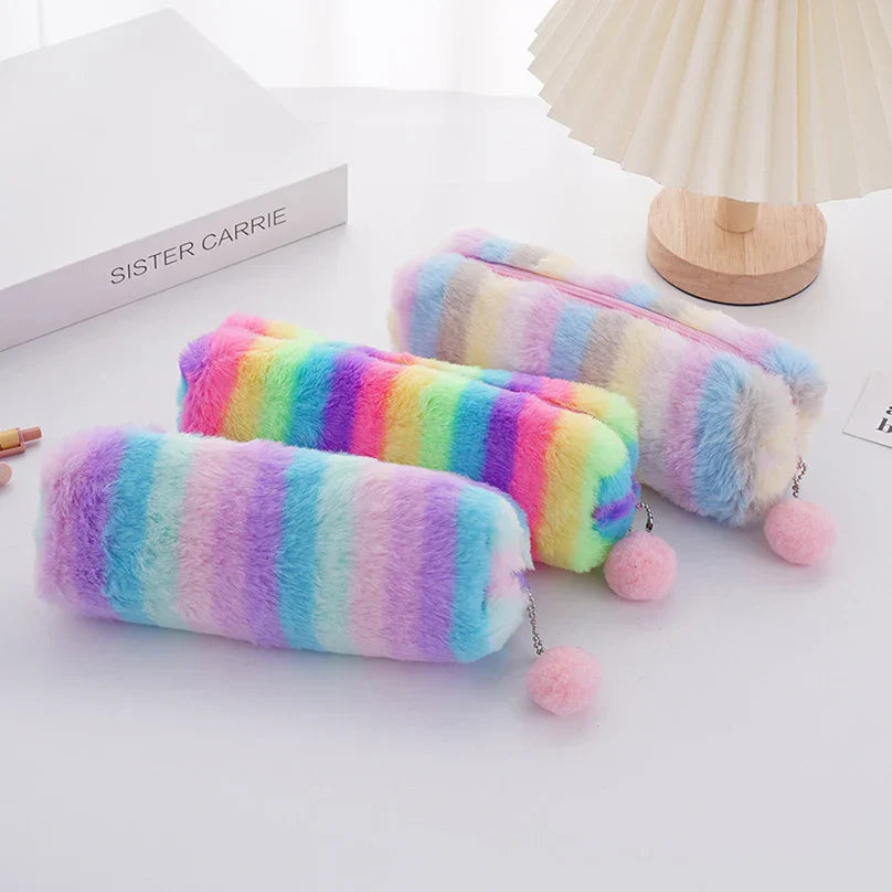 Aichashi BACK TO SCHOOL Rainbow Pencil Case Plush Estuches Escolares Pencilcase Gradient Color Large Capacity Kalemlik School Supplies Pencil Pouch