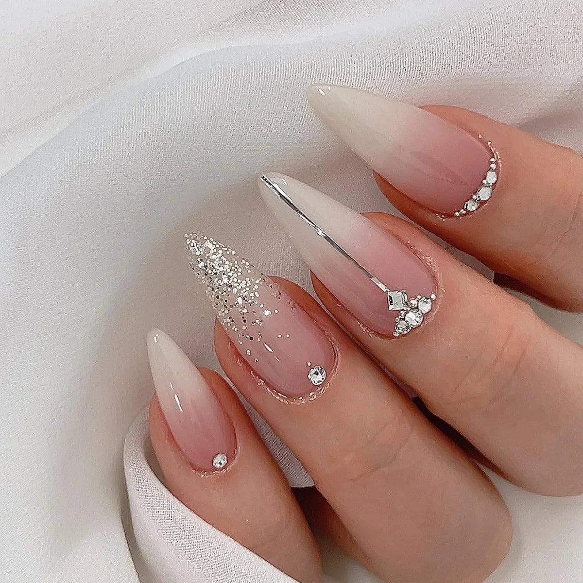 Aichashi Long Stiletto Ballet Fake Nail Tips with Glitter Gradient Designs Wearable False Nails with Glue Almond Press on Acrylic Nails