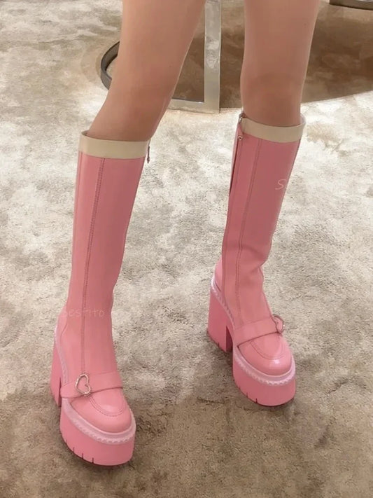 aichashi  -  Sweet Girl Pink Platform Knee High Boots Block High Heels Round Toe Mixed Color Side Zip Punk Cool Girl Belt Decor Long Booties