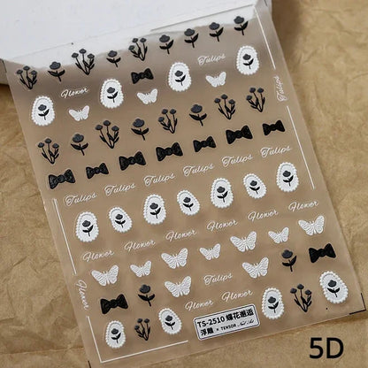 Black White Bow Tie Mini Bowknot Line Rhinestones Gold Silver Laser 3D Self Adhesive Nail Art Decoration Sticker Manicure Decals