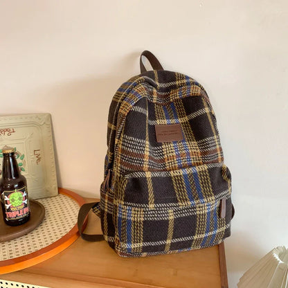 Aichashi BACK TO SCHOOL Vintage Plaid Woollen Cloth Women's Backpack Student Book Backpacks for Teenage Girls School Bags Large CapacityTravel Rucksack