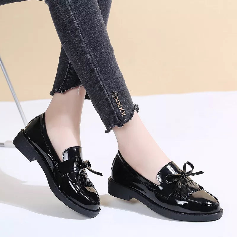 Aichashi Black Patent Leather Women's Loafers Platform Slip on Shoes for Women 2024 Spring British Tassel Casual Flats Shoes Woman