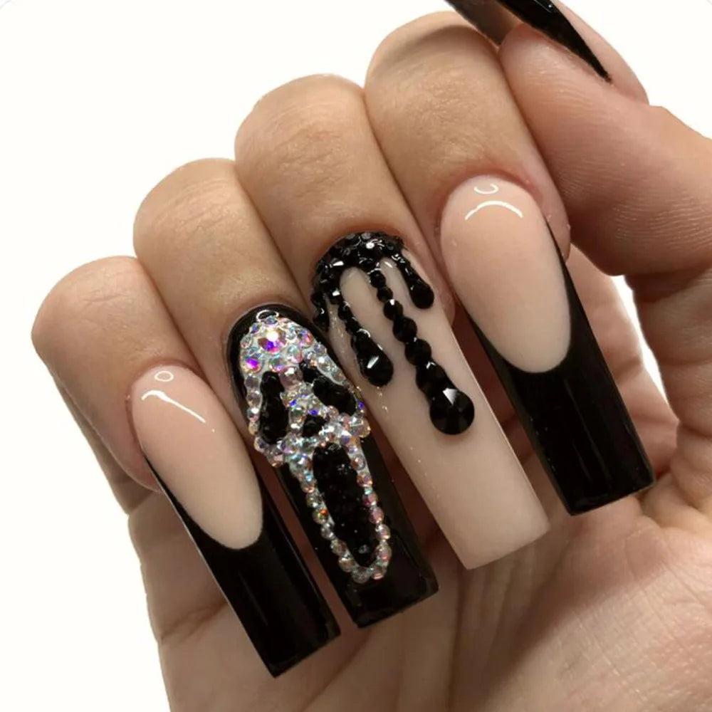 Aichashi 24Pcs Wearable False Nails with Cream Glue Extra Long Coffin Fake Nails with Rhinestone Removable Pink French Press on Nails Tip