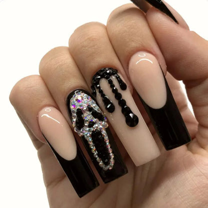 Aichashi 24Pcs Wearable False Nails with Cream Glue Extra Long Coffin Fake Nails with Rhinestone Removable Pink French Press on Nails Tip