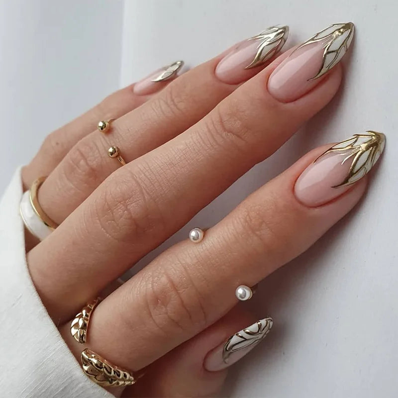 24Pcs Frosting False Nail almond with Golden Glitter Designs French Rhinestone Manicure Stiletto Fake Nails Set Press on Nails