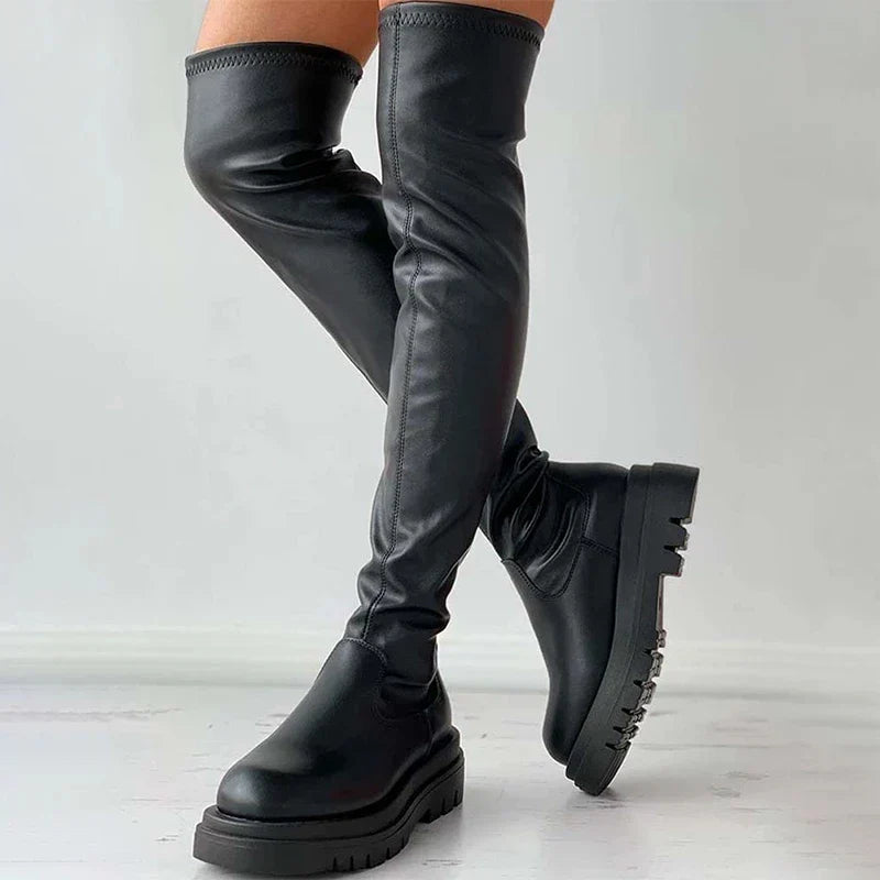 Aichashi Autumn Winter Thigh High Boots Women Plus Size Slim PU Leather Long Boots Woman Fashion Platform Over The Knee Botas Mujer