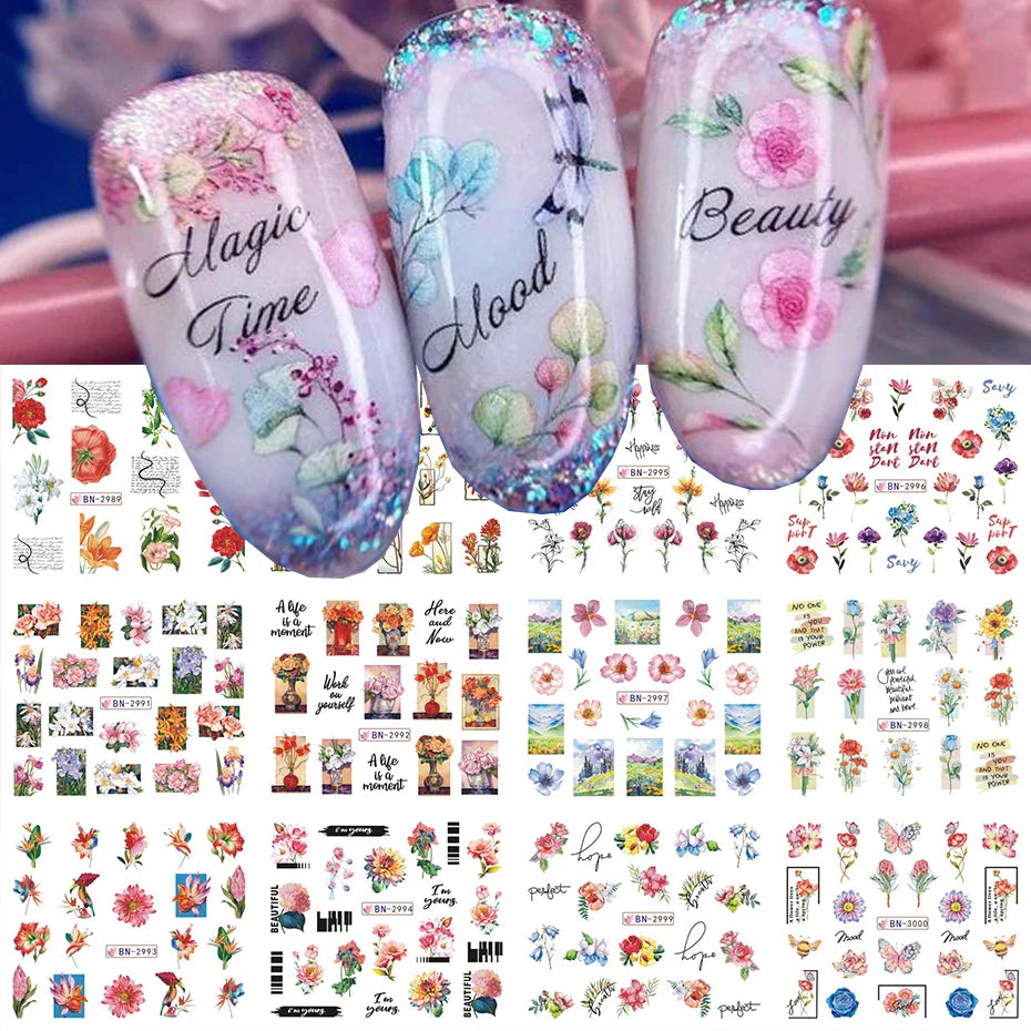 Aichashi 12 Designs Lily Flowers Nail Stickers White Flower Green Leaf Geometric Line Sliders Spring Floral Water Transfer Decals Slider