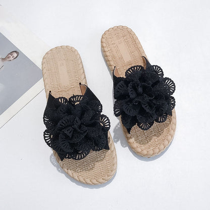 Aichashi Fashion Floral Lace Summer Beach Flip Flops Women Sandals Casual Flax Flat Sandals Comfy Home Slippers Outdoor Slides Shoes