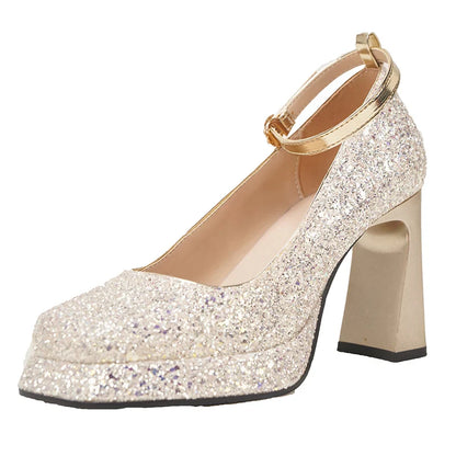 aichashi  -  High Heels Silver Wedding Shoes Women New Fashion Ankle Buckle Platform Pumps Woman Luxury Sequins Glitter Mary Jane Shoes