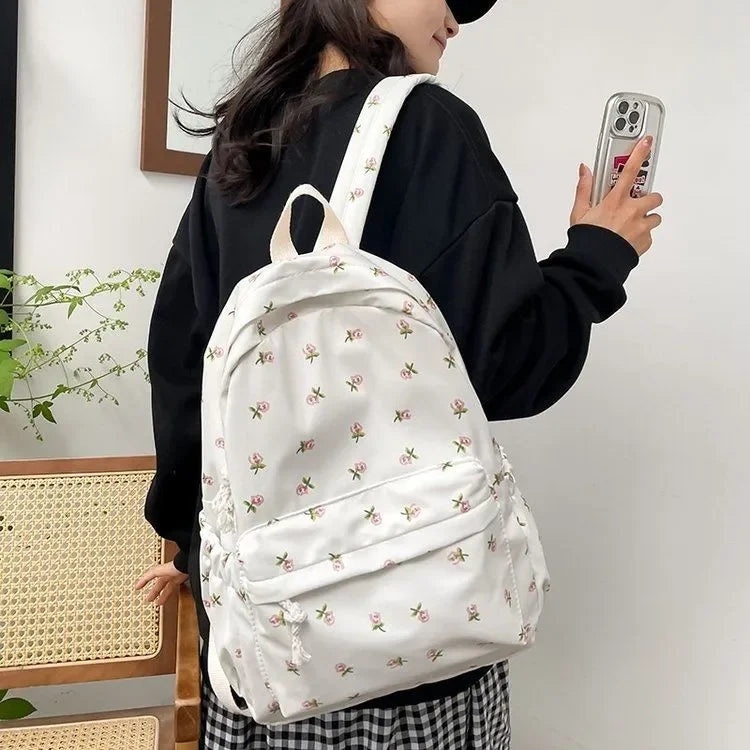 Aichashi BACK TO SCHOOL Korean Version Nylon Floral Backpack School Flower Fashion Backpack Junior High School Backpack Travel Bag