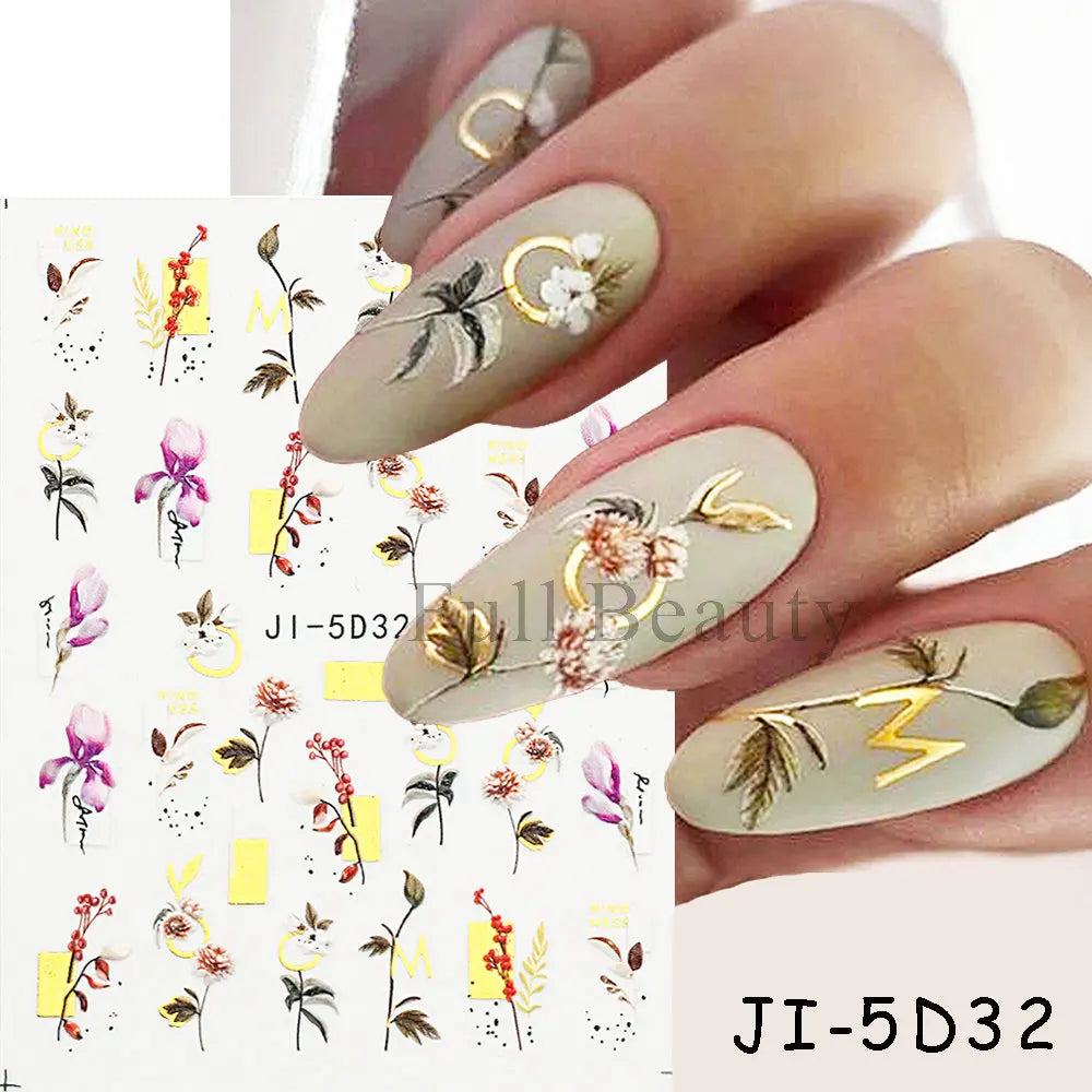 Aichashi 5D Embossed Nail Stickers Flowers Bird Geometric Lines Gold Frame Floral Nail Decals Cherry Blossom Y2K Manicure Decor