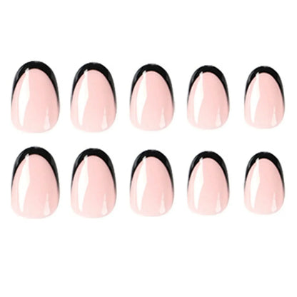 Aichashi French Oval False Nails for Girls 24pcs Black Edge Design Nude Color Wearable Press on Nail Tips Full Cover Short Acrylic Nails