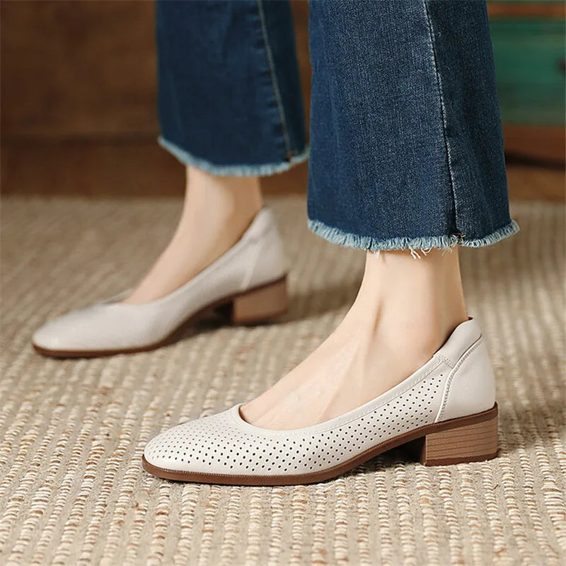 Aichashi New Fashion Hollow Out Women Pumps Square Toe Summer Shoes Chunky Heels Genuine Leather Shoes for Women Handmade Loafers