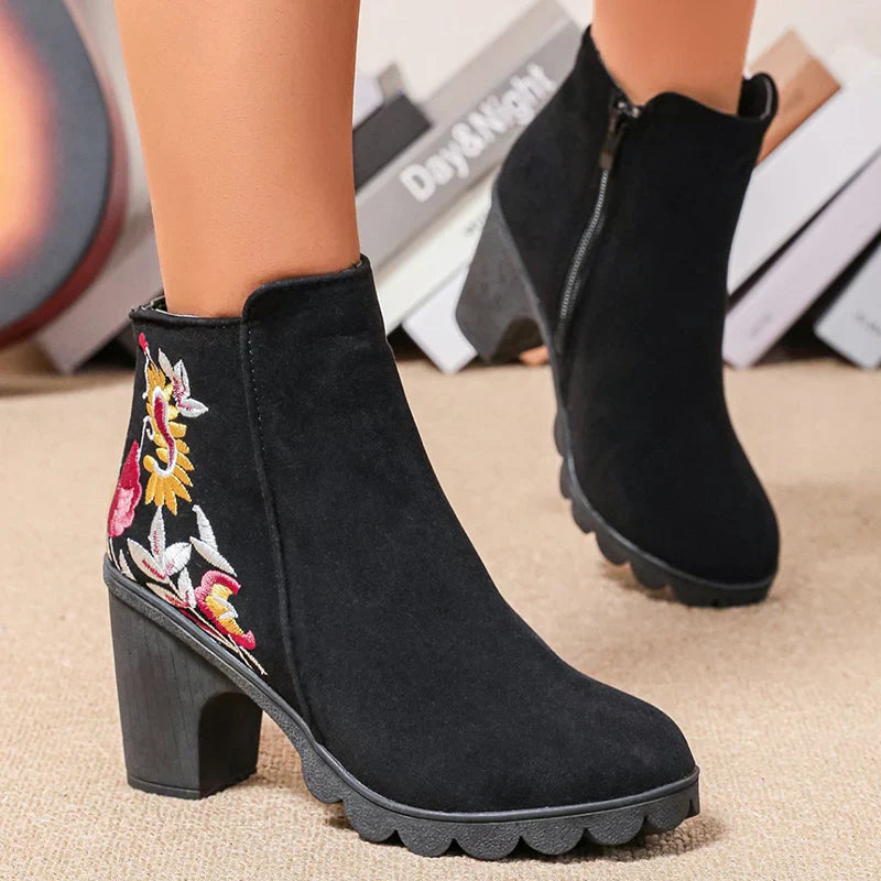 Aichashi Embroidered High Heels Ankle Boots for Women 2024 Autumn Side Zip Black Short Botas Mujer Fashion Flower Thick Heeled Booties