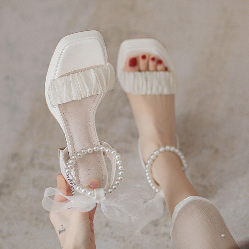 Aichashi Elegant White High Heels Sandals Women Summer Chunky Platform Pearl Ankle Straps Pumps Woman Lace Bowtie Luxury Party Shoes