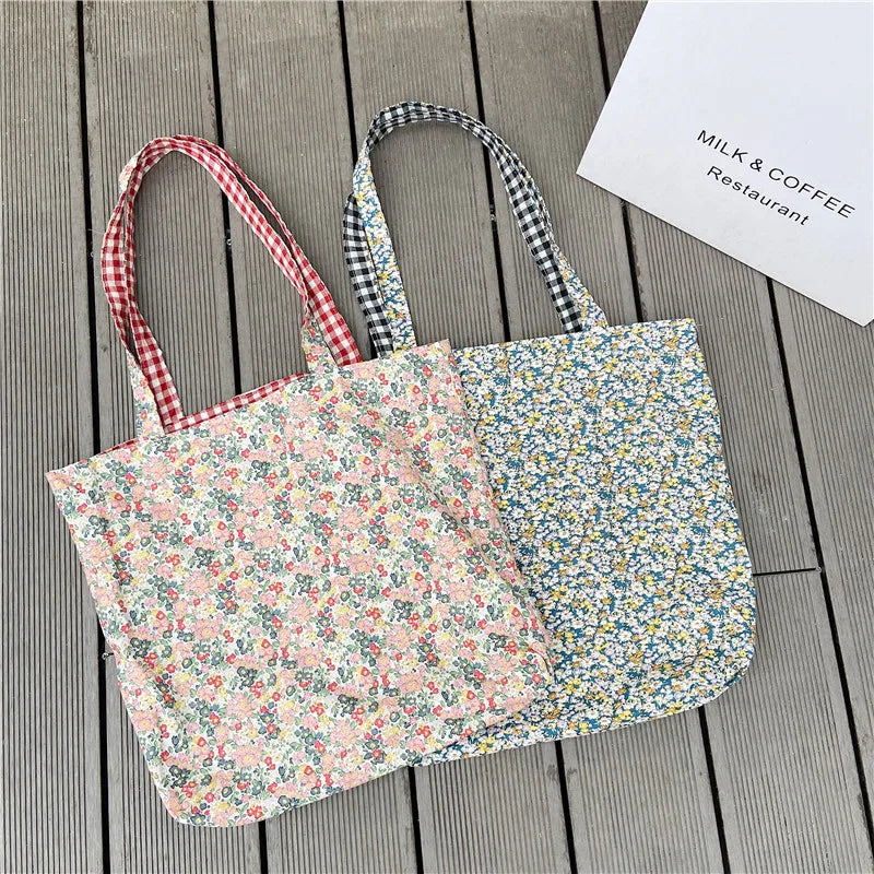 Aichashi Casual Plaid Flower Women Shopping Bag Large Capacity Ladies Daily Tote Handbags Cotton Cloth Double-sided Girls Shoulder Bags