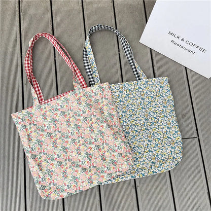 Aichashi Casual Plaid Flower Women Shopping Bag Large Capacity Ladies Daily Tote Handbags Cotton Cloth Double-sided Girls Shoulder Bags