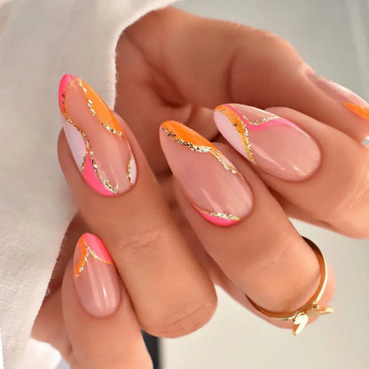 Aichashi 24pcs French False Nails Almond Head Summer Style Glitter Design Fake Nail Patch Full Cover Wearable Women Press on Nail Tips