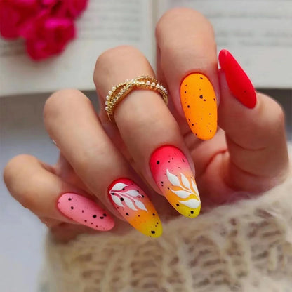 Almond False Nails 24Pcs Press On Nails Color Flower Printed Red and Yellow Autumn Manicure Nail Tips Full Cover