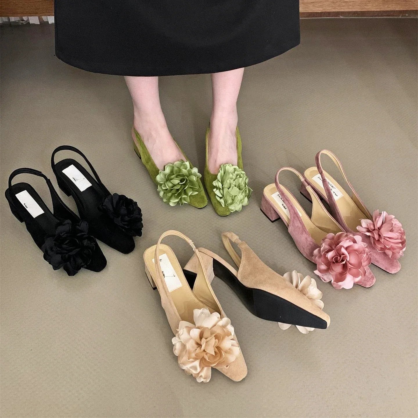 aichashi  -  Flower Chunky Heel Mule Shoes Women Suede Fashion High Heels Green Pointed Toe Low Heel Sandals Flowers Mary Jane Women Pumps