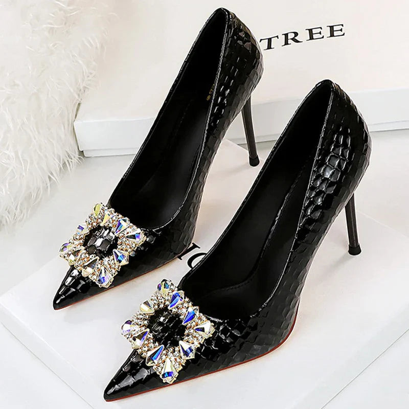 aichashi  -  Shoes Women Heels Metal Water Drill Buckle Woman Pumps Textured Patent Leather High Heels Stilettos Sexy Party Shoes