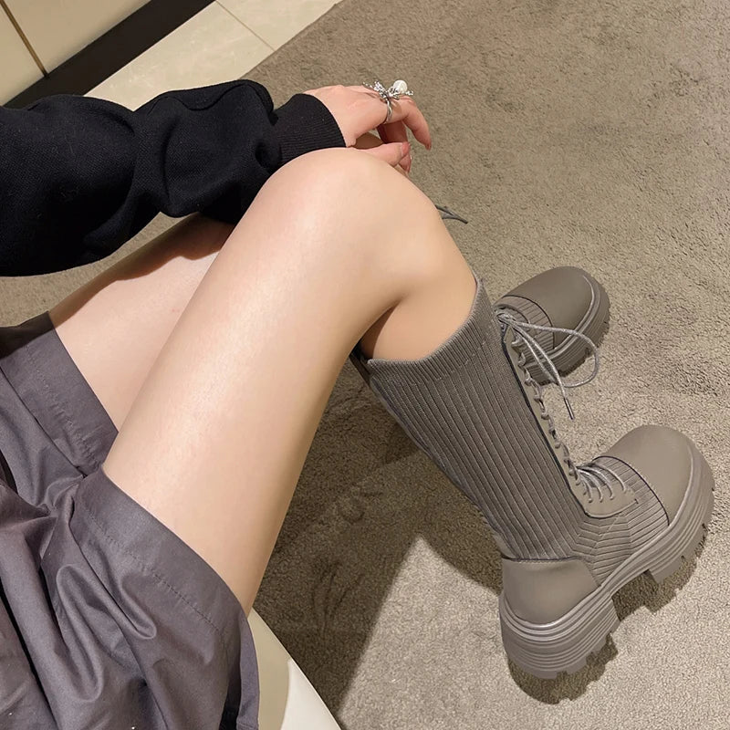 Aichashi Autumn Winter New Chunky Platform Long Boots Women Thick-soled Stretch Knitted Knee High Boots Woman Botas De Mujer