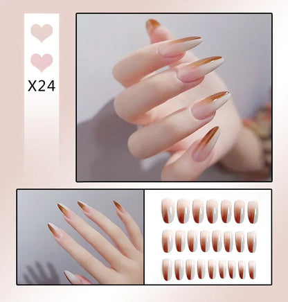 24Pcs Almond False Nails With Tools Cute Heart Strawberry Chili Design French Checkerboard ABS Press On Nails Fake Tips Wearable