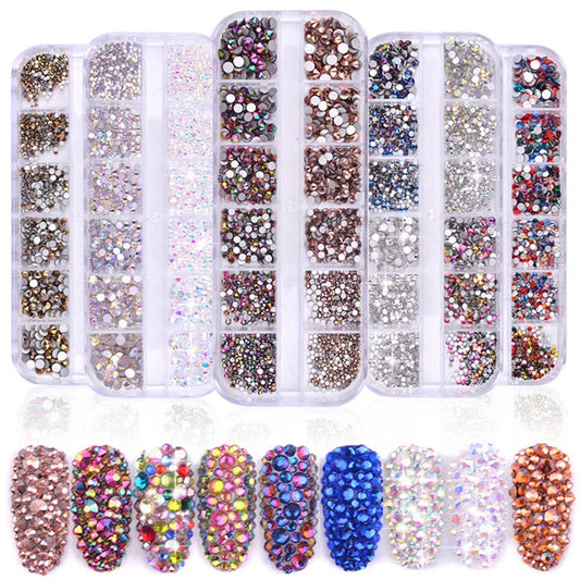 aichashi 1 Box Multi Size Glass Nail Rhinestones Mixed Colors Flat-back AB Crystal Strass 3D Charm Gems DIY Manicure Nail Art Decorations