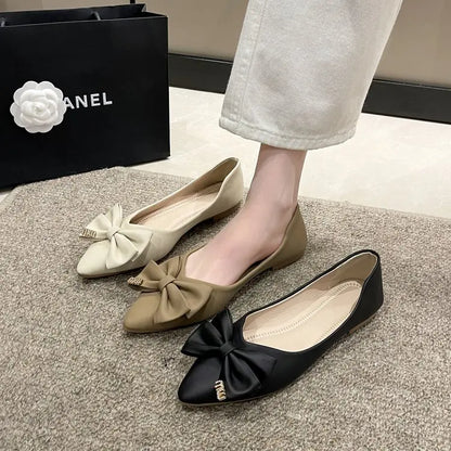 Aichashi 2024 Leather Spring Autumn Handmade Bowknot Flats Ballerina Shoes Women Loafers Soft Leather Metal Button Women Flats Shoes