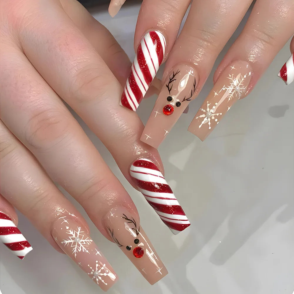 aichashi New Christmas Fake Nails Cute Elk Snowflake Pattern Red Color Press on Nails Artificial Nails Tip Christmas Gifts for Girls