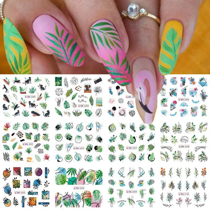 Aichashi 12 Designs Lily Flowers Nail Stickers White Flower Green Leaf Geometric Line Sliders Spring Floral Water Transfer Decals Slider