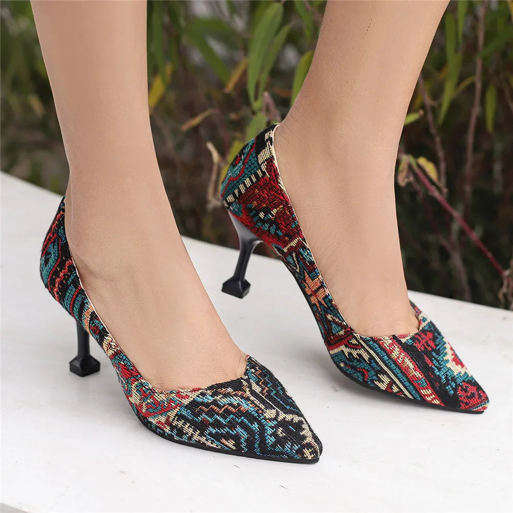 aichashi  -  Pumps Women Shoes Flower Totem Slip-On Shallow Shoes Wedding Party Pointed Toe High Heels Pump Chaussures Femme Plus Size 32-46