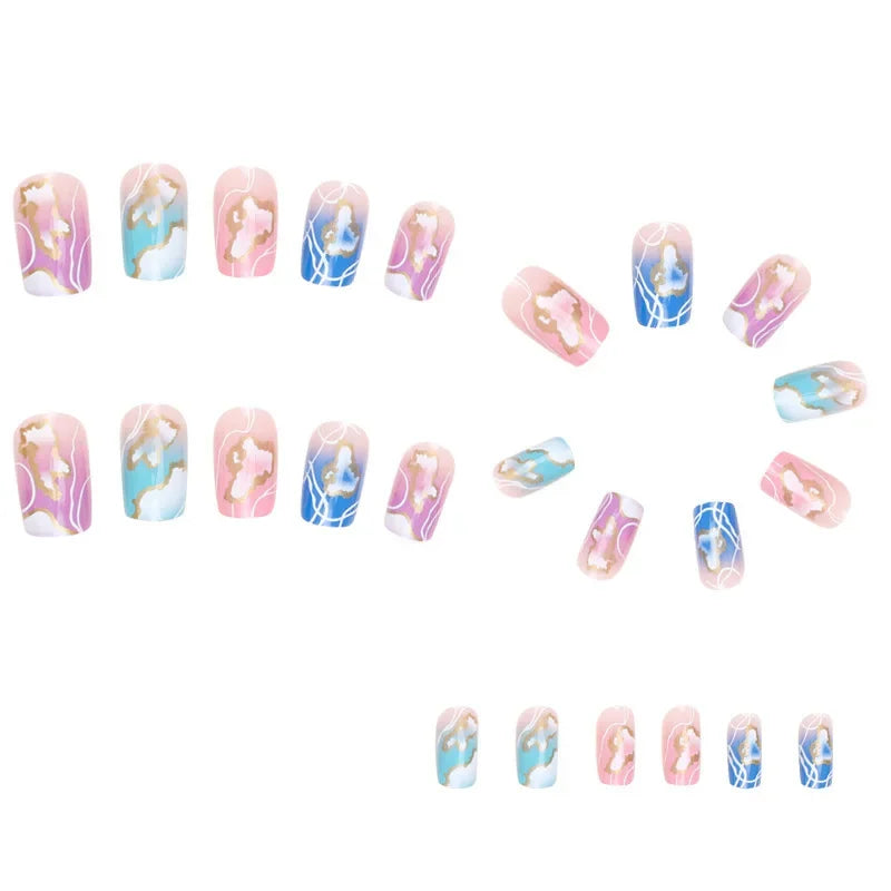 24Pcs Colourful Clouds False Nails Short Ballet Coffin with French Design Wearable Fake Nails Artificial Press on Nail Tips Art