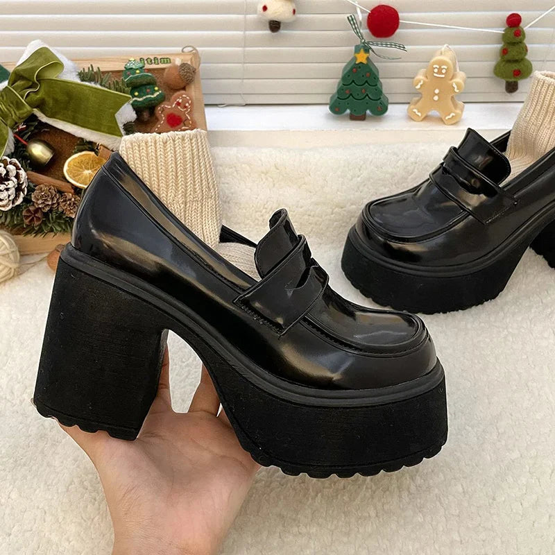 aichashi  -  Pu Leather Women's Platform Loafers Gothic Black Chunky High Heels Pumps Woman Preppy Style Jk Uniform Shoes Mujer