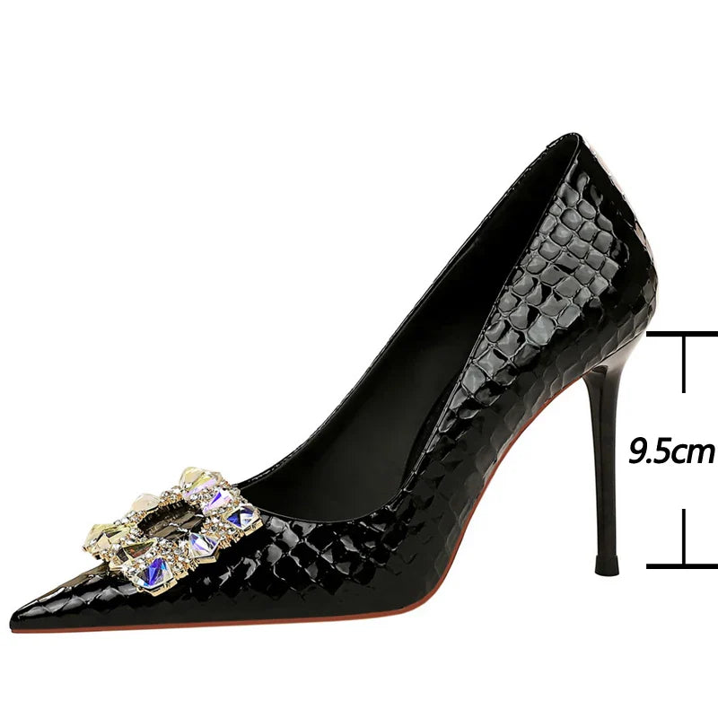 aichashi  -  Shoes Women Heels Metal Water Drill Buckle Woman Pumps Textured Patent Leather High Heels Stilettos Sexy Party Shoes