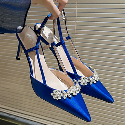 aichashi  -  Luxury Satin Rhinestone Flower Design High Heels Women Sexy Pointed Toe Heeled Sandals Back Strap Blue Pumps Party Wedding Shoes