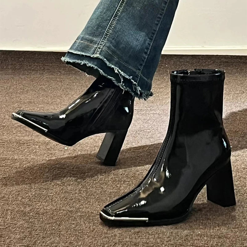 Aichashi Fashion Women Thick High Heel Ankle Boots Solid Patent Leather Office Pumps 2024 Autumn Mujer Square Toe Short Boots